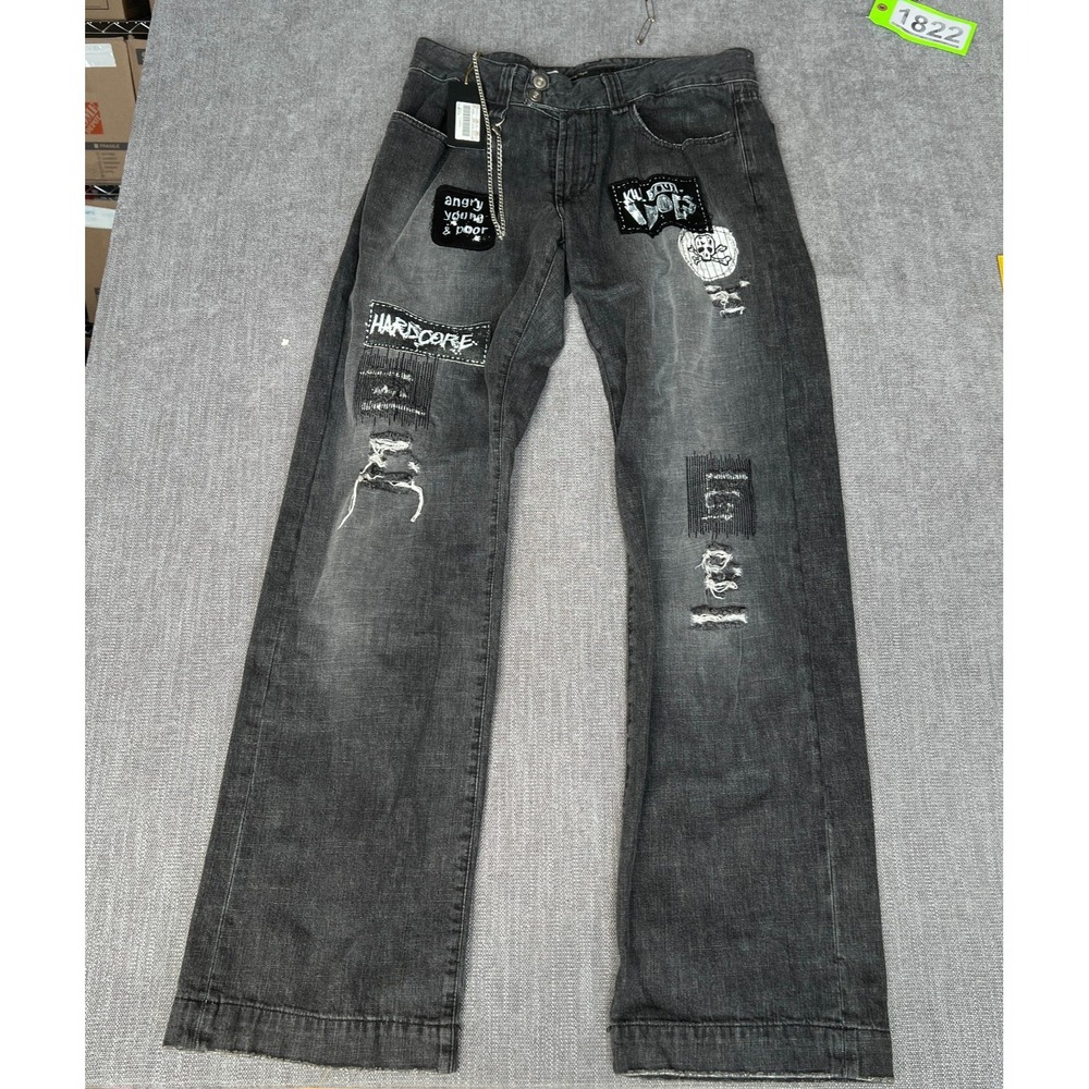 Energie Gold Devon Jeans Men 36 Black Denim Punk Patches Straight Leg Streetwear